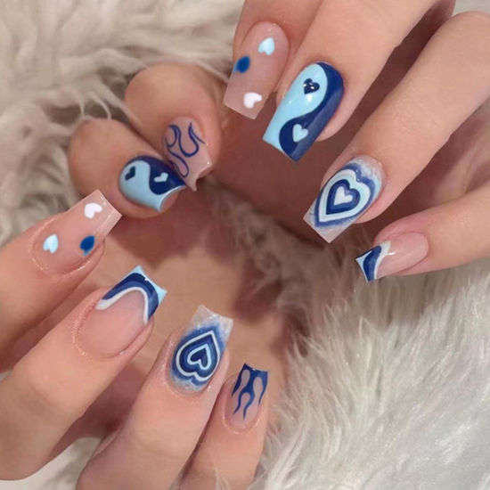 Picture of DANMANR Long Press on Nails Square French Fake Nails Full Cover Nude Acrylic False Nails for Women and Girls 24PCS (Blue Heart French)