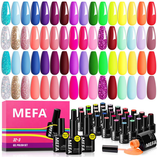 Picture of MEFA 35 Pcs Gel Nail Polish Set, 32 Colors Summer Neon Rainbow Bright Gel Nail Polish Yellow Hot Pink Nail Art Manicure DIY Decoration Beginners Salon Home Gift for Women