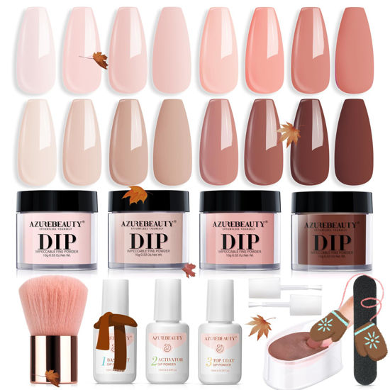 Picture of AZUREBEAUTY Dip Powder Nail Kit Starter, All Season Skin Tone Nude Brown 4 Colors Acrylic Dip Powder Liquid Set with Base/Top Coat Activator for French Nail Art Manicure DIY Salon Gifts