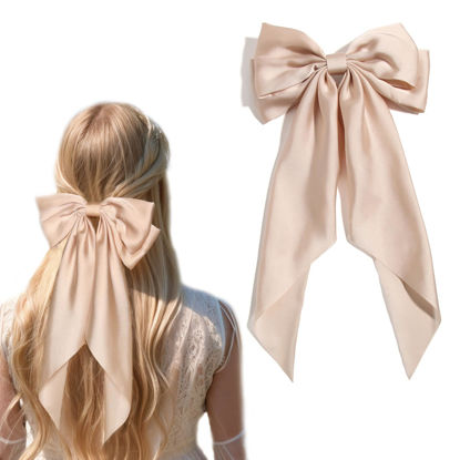 Picture of Big Bow Barrettes and Satin Hair Pins with Long Ribbon Tails - Party and Casual Hair Accessories for Women and Girls in Apricot