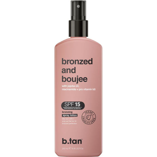 Picture of b.tan SPF 15 Sun Tanning Lotion Spray | Bronzed and Boujee - Best Tan Intensifier, Browning Outdoor Bronzing Accelerator, Packed w/Jojoba Oil, Niacinamide, & Vitamin B5, Austrailian Brand, 8.45 Fl Oz