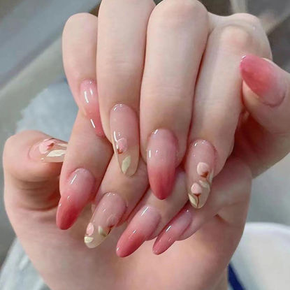 Picture of RikView French Tip Press on Nails Medium Stick on Nails Pink Fake Nails Almond Nails for Women with Flowers Design