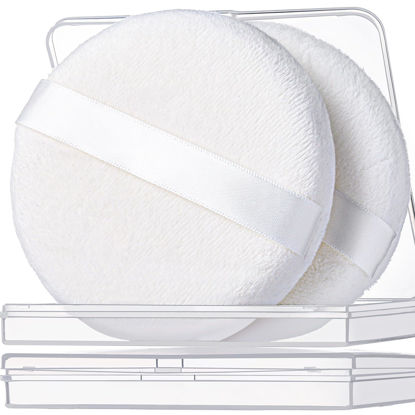 Picture of Teenitor 2pcs Powder Puff, 4.13 Inch Powder Puff for Body Powder, Body Powder Puff Large Powder Puff Loose Powder Puffs Soft Velour Body Powder Puff and Container White