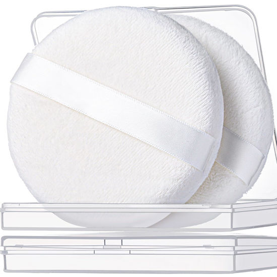 Picture of Teenitor 2pcs Powder Puff, 4.13 Inch Powder Puff for Body Powder, Body Powder Puff Large Powder Puff Loose Powder Puffs Soft Velour Body Powder Puff and Container White