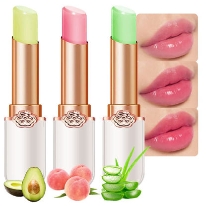Picture of evpct 3Pcs Aloe Vera Avocado Peach Tinted Lip Balms Tint Stain Lipstick for Women PH Color Changing Lipstick Balm Stain Gift Set Queen Girls Korean Mood Long Lasting Color Change Light Pink Lipstick