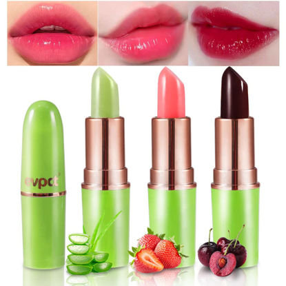 Picture of evpct 3Pcs Aloe Vera Strawberry Black Red Cherry Lip Balm Color Changing Lipstick Set PH Mood Magic Lipstick 24 hours original Color Changing Long Lasting waterproof labiales magicos pintalabios
