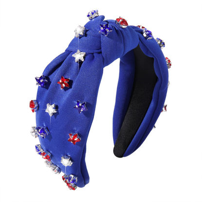 Picture of 4 th of July Headband for Women American Flag Knottted Headband Red White Blue Crystal Star Charm Headpiece Fourth of July Patriotic Top Knot Wide Hairband Independence Day Party Favor Decor (blue knot headband)