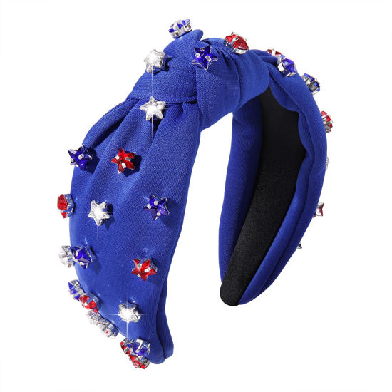 Picture of 4 th of July Headband for Women American Flag Knottted Headband Red White Blue Crystal Star Charm Headpiece Fourth of July Patriotic Top Knot Wide Hairband Independence Day Party Favor Decor (blue knot headband)