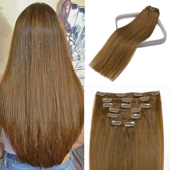 Picture of WindTouch Clip in Hair Extensions Human Hair Medium Light Brown Hair Extensions 15Inch 70g 7PCS #6