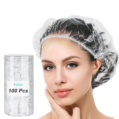 Picture of Auban Disposable Shower Cap, 100 PCS Hair Cap Thickening Clear Plastic Waterproof Bath Caps for Hair Treatment, Spa Salon Hotel and Home Use, Portable Travel(17.3)