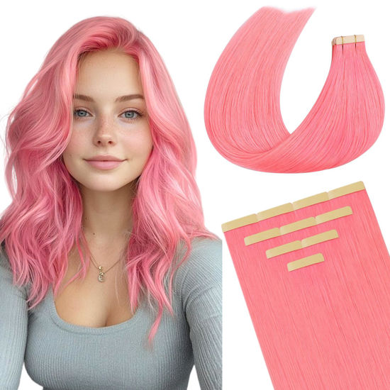 Picture of DOORES Tape in Hair Extensions, Peach Pink Tape ins 14 Inch 25g 10pcs, Remy Human Hair Extensions Tape in Straight Hair Seamless Invisible Tape Hair