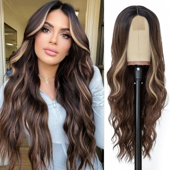 Picture of NAYOO Long Brown Mixed Blonde Wavy Wig for Women 26 Inch Middle Part Curly Wavy Wig Natural Looking Synthetic Heat Resistant Fiber Wig for Daily Party Use (Brown Mixed Blonde)