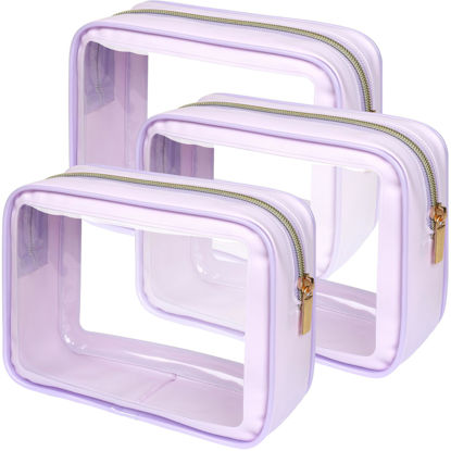 Picture of PACKISM TSA Approved Toiletry Bag - Amazing Color-Edged Clear Makeup Bag, 3 Pack in Spacious Space, Reusable Clear Toiletry Bags with Great Value, Purple