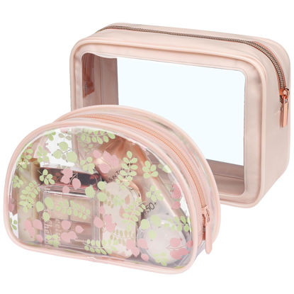 Picture of PACKISM TSA Approved Toiletry Bag - Pink Floral Print Clear Shell Bag and Upgrade Color-Edged Clear Travel Bag, Perfect for On the Go or Travel, Lightweight and Robust, 2 Pack