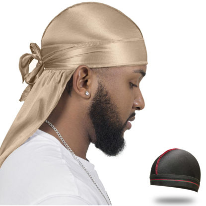 Picture of ForceWave Silky Durag for Men Wave Cap Satin Dorag for Men Women 360 Wave (Champagne)