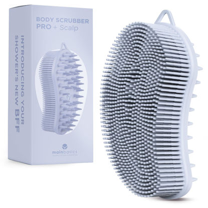 Picture of MainBasics Exfoliating Silicone Body Scrubber Pro 2-in-1 Shower Scrubber for Body, Silicone Loofah and Scalp Massager (Light Blue, Body + Scalp)