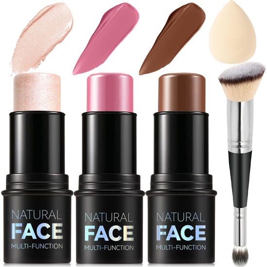 Picture of 3Pcs Cream Contour Stick Makeup Kit, Shades with Highlighter Stick, Blush Stick and Bronzer Contour Stick for Sculpt the Cheeks, Long Lasting, Waterproof, Matte & Dewy Finish (LIGHT MEDIUM)