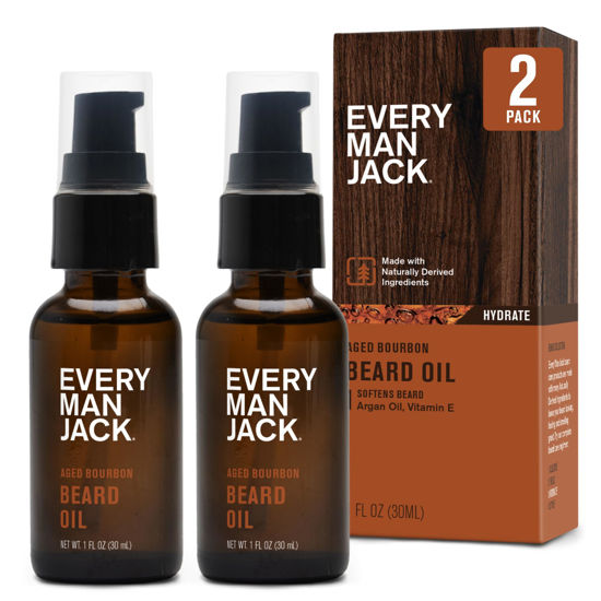 Picture of Every Man Jack Mens Beard Oil - Subtle Aged Bourbon Fragrance - Deeply Moisturizes and Softens Your Beard and Adds a Natural Shine - Naturally Derived with Shea Butter- 1 fl oz (2 Pack)