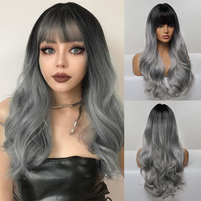 Picture of FORCUTEU Gray Wig with Bangs Long Gray Wavy Wigs for Women Gray Wavy Wigs Gray Heat Resistant Wigs for Daily Party (26Inch Gray)