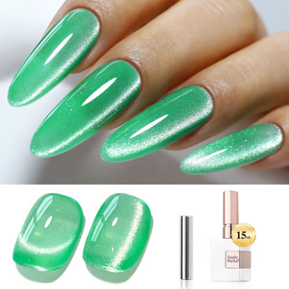 Picture of Double Rhythm Jelly Glass Cat Eye Gel Polish with Magnet 15ML Holographic Glitter Shimmer Translucent Sheer Color Magnetic Nail Polish Salon DIY at Home (Spring Green-MC1067)