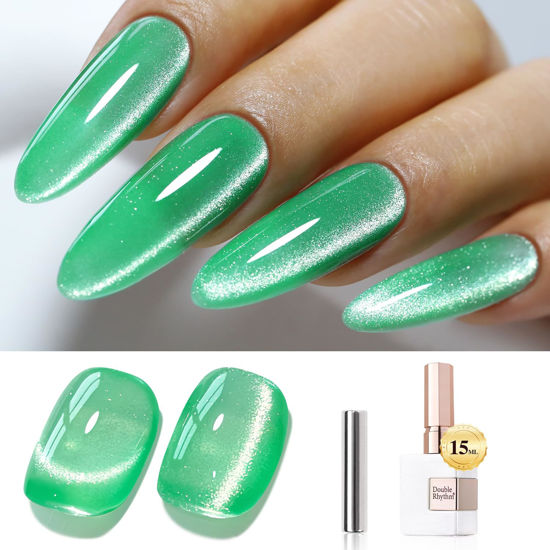Picture of Double Rhythm Jelly Glass Cat Eye Gel Polish with Magnet 15ML Holographic Glitter Shimmer Translucent Sheer Color Magnetic Nail Polish Salon DIY at Home (Spring Green-MC1067)
