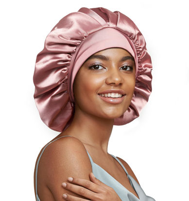 Picture of Umisleep 22 Momme 100% Real Mulberry Silk Bonnet for Sleeping Women, Large Hair Care Bonnet for Long Curly Hair, Double Layer Silk Hair Wrap with Soft Elastic Band, Non-Slip Sleep Cap, Pink