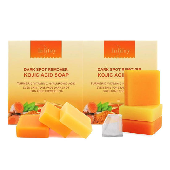 Picture of Inlifay Kojic Acid Soap with Turmeric: Dark Spot Remover Soap with Vitamin C, Vitamin E, Retinol, Collagen, Hyaluronic Acid, Moisturizing for Body & Face Pack of 2