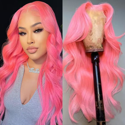 Picture of Loyom Pink Lace Front Wig Human Hair 13x4 Pink Lace Front Wigs Human Hair Colored Body Wave Frontal Wig Pink Wigs Human Hair 180 Density HD Lace Front Wigs Human Hair 20 Inch
