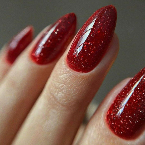 Picture of GLAMERMAID Golden Red Press on Nails Medium Almond, Handmade Glitter Glossy Jelly Soft Gel Glue on Nails Stiletto, Bright Red Fake Nails Short Oval, Reusable Acrylic Stick on False Nails Kit for Women