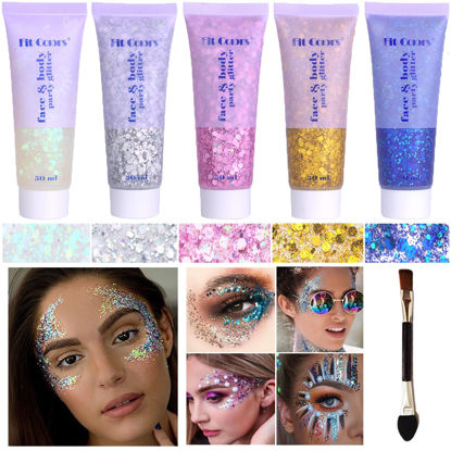 Picture of Body Glitter Face Glitter Gel: Singer Concerts Disco Festival Rave Accessories Face Glitter Makeup 250ml Chunky Sequins Mermaid Face Body Hair Glitter Gel (White&Silver&Pink&Gold&Blue)