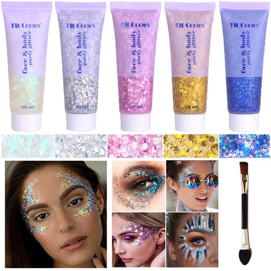 Picture of Body Glitter Face Glitter Gel: Singer Concerts Disco Festival Rave Accessories Face Glitter Makeup 250ml Chunky Sequins Mermaid Face Body Hair Glitter Gel (White&Silver&Pink&Gold&Blue)