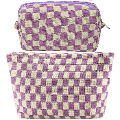 Picture of ZLFSRQ 2Pcs Checkered Makeup Bag for Women Large Cosmetic Bag Set Travel Toiletry Bag Makeup Pouch Bag for Purse Purple Zipper Storage Bag Organizer Cute Small Aesthetic Girls Car Essentials Bag