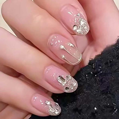 Picture of RikView Pink Press on Nails Medium Fake Nails Almond Acrylic Nails with Sequins 24 PCs/Set