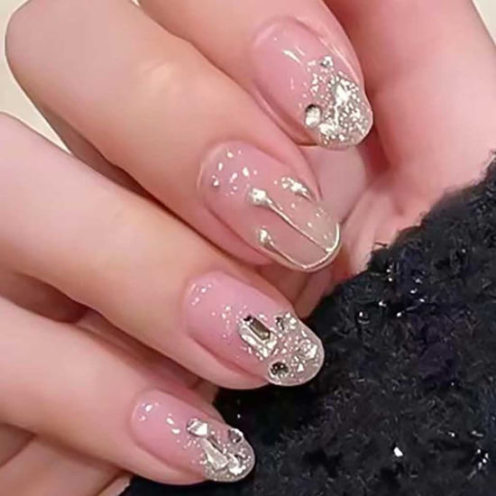Picture of RikView Pink Press on Nails Medium Fake Nails Almond Acrylic Nails with Sequins 24 PCs/Set