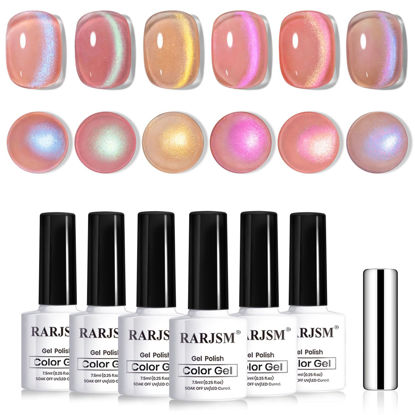 Picture of RARJSM Aurora Glitter Cat Eye Gel Nail Polish Set 6Pcs Nude Pink Light Purple Gold Brown Green Blue Galaxy Mermaid Glitter Cateye Gel Polish with Magnetic Stick UV LED Curing Require Home Salon