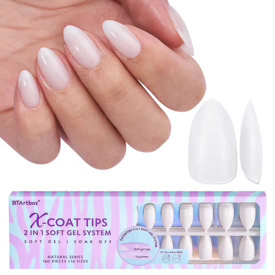 Picture of BTArtboxnails Almond Gel Nail Tips Short - Pre Colored Milky White Soft Gel Nail Tips, Milky White Press on Nails, Natural XCOATTIPS Pre Applied Tip Primer