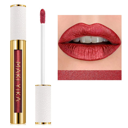 Picture of MAKI YIKA Red Lipstick for Women Metallic Lipsticks Glitter Long Lasting Lipstick No Smudge No Transfer Shimmer Liquid Lip Gloss (BR06 Dangerous)