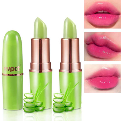 Picture of evpct 2Pcs Aloe Vera Lip Color Changing Lipstick Tinted Lip Balm Set Green Magic PH Lipstick Color Change Changing Crystal Flower Jelly Lipstick Gloss Stain Makeup Set for Women Girls Waterproof
