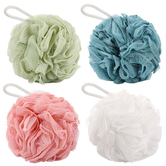 Picture of BTYMS 4 Pieces Bath Sponge Shower Loofahs 60g Mesh Pouf Bathing Sponges Bath Scrunchies Body Wash Puff Shower Puff
