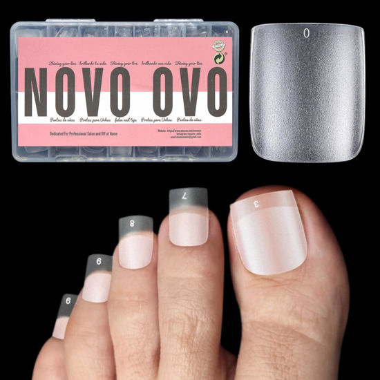Picture of NOVO OVO Long Square Toe Nail Tips Press on Full Cover, Extra Wide Clear Toenails Kit, Pre-shaped Double MatteToenails For Women Men Big Toe Long Nail Beds x 15 Sizes 360 Pcs up to 12 Pedicures