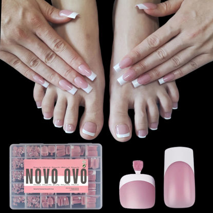 Picture of NOVO OVO French Tip Matching Press on Nail tips set, BERRY PINK Square Finger and Square Round Toe Nail Tips kit, Soft Gel Nail Extension, Pre-applied Tip Primer & Matte Base Coat x 15 Sizes 360 pcs