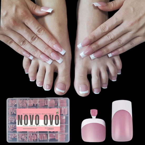Picture of NOVO OVO French Tip Matching Press on Nail tips set, BERRY PINK Square Finger and Square Round Toe Nail Tips kit, Soft Gel Nail Extension, Pre-applied Tip Primer & Matte Base Coat x 15 Sizes 360 pcs