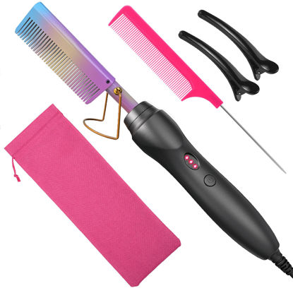 Picture of Hot Comb Hair Straightener Heat Pressing Combs - Ceramic Electric Hair Straightening Comb, Curling Iron for Natural Black Hair Beard Wigs Holiday Gift 5 In 1 - Rainbow