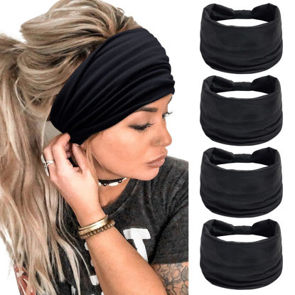Picture of Wide Headbands for Women Black Stylish Head Wraps Boho Thick Hairbands Large African Sport Yoga Turban Headband Hair Accessories (Pack of 4)