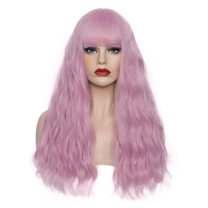 Picture of WGPFWIG Women's Light Pink Wig 22''Long Curly Wavy Wig Shoulder Length Flat Bangs Wig For Women Girl Cosplay Party Halloween Wig Cap Included (22''Light Pink)