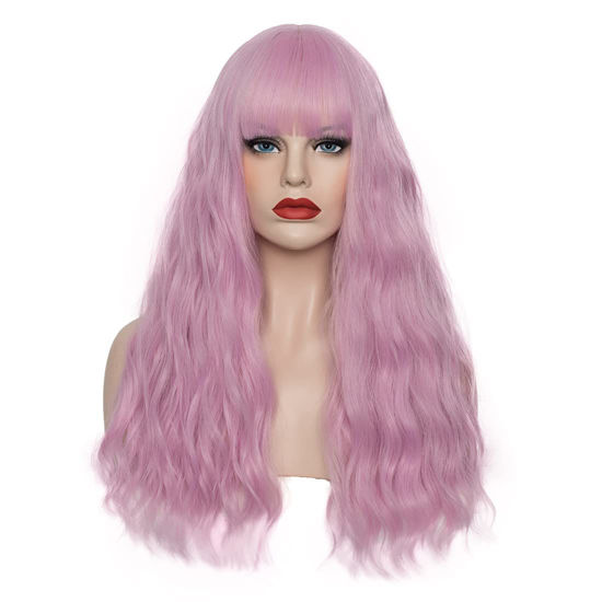 Picture of WGPFWIG Women's Light Pink Wig 22''Long Curly Wavy Wig Shoulder Length Flat Bangs Wig For Women Girl Cosplay Party Halloween Wig Cap Included (22''Light Pink)
