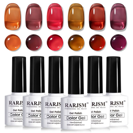 Picture of RARJSM Fall Jelly Gel Nail Polish Set 6pcs Clear Crytal Glass Orange Burgundy Red Gray Mauve Brown Series Transparent Sheer Amber Gel Varnish LED UV Curing Requires Soak off Autumn French Manicure