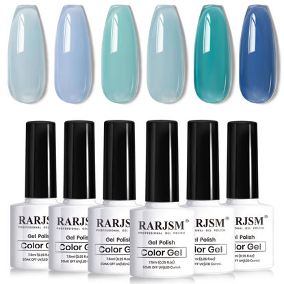 Picture of RARJSM Blue Jelly Gel Nail Polish Set 6pcs Clear Crytal Glass Light Royal Blue Navy Blue Series Transparent Sheer Amber Milky Gel Varnish LED UV Curing Requires Soak off French Manicure Home Salon