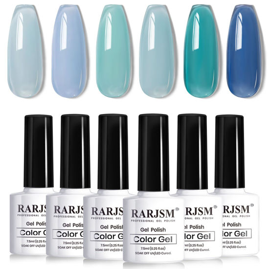 Picture of RARJSM Blue Jelly Gel Nail Polish Set 6pcs Clear Crytal Glass Light Royal Blue Navy Blue Series Transparent Sheer Amber Milky Gel Varnish LED UV Curing Requires Soak off French Manicure Home Salon