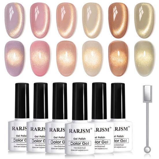 Picture of RARJSM Gold Glitter Cat Eye Gel Nail Polish Set 6Pcs Nude Pink Light Purple Brown Gray Green Velvet Ice Jelly Glitter Cateye Gel Polish with Magnetic Stick UV LED Curing Require Home Salon Nails